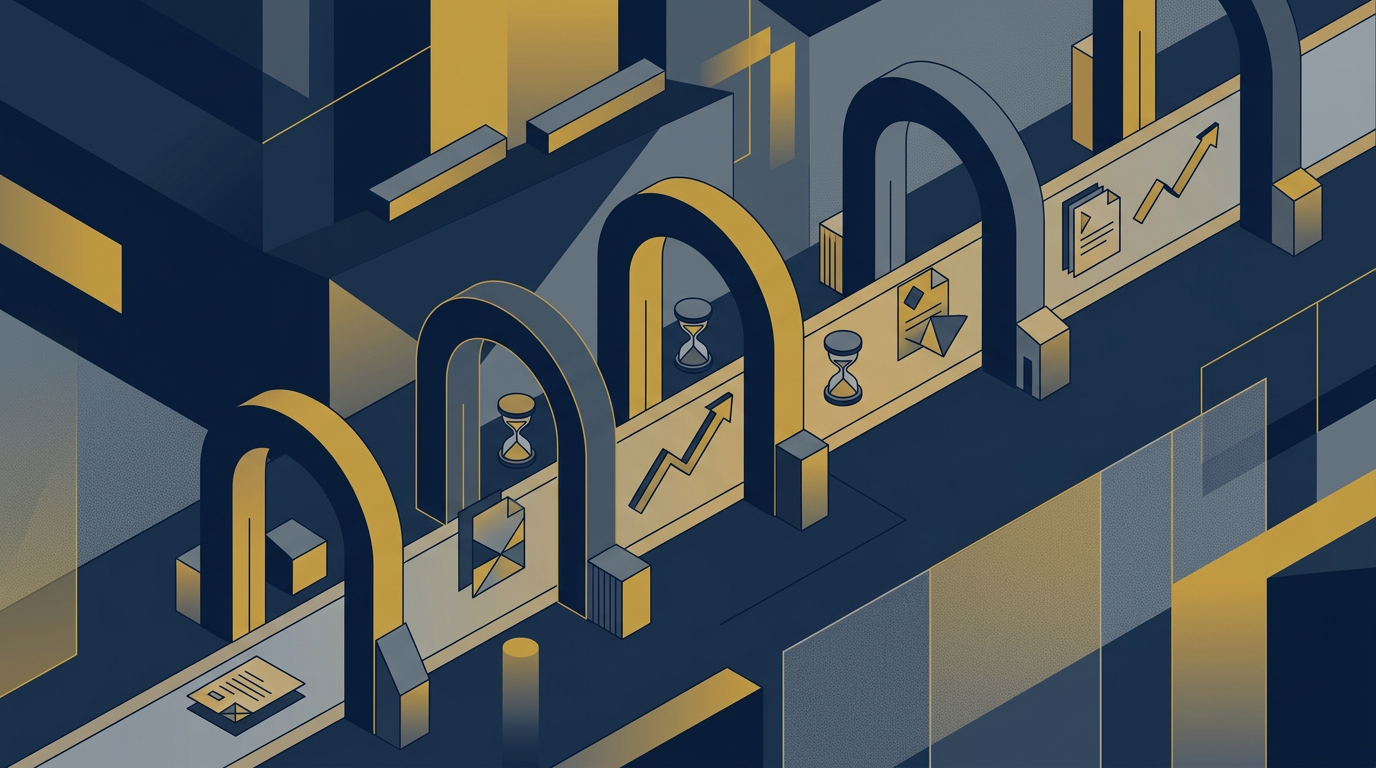 Minimalist editorial illustration in navy and gold depicting structured pathways and geometric transitions representing Canadian immigration updates.