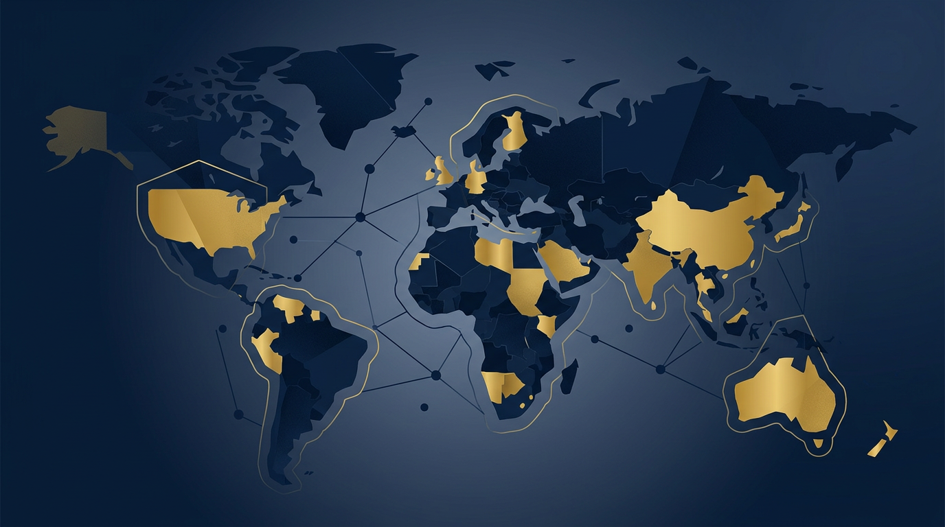 An abstract illustration in deep navy and gold, showing interlocking geometric shapes symbolizing data protection and interconnected digital information. No text or human figures are present.