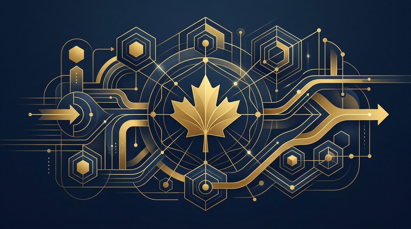 An abstract illustration of Canada's immigration system, featuring a golden maple leaf over interconnected navy geometric patterns.