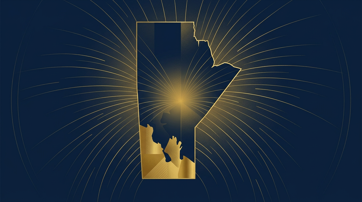 Stylized map of Manitoba in deep navy and gold, with radiating golden lines representing growth and opportunity, against a dark background.