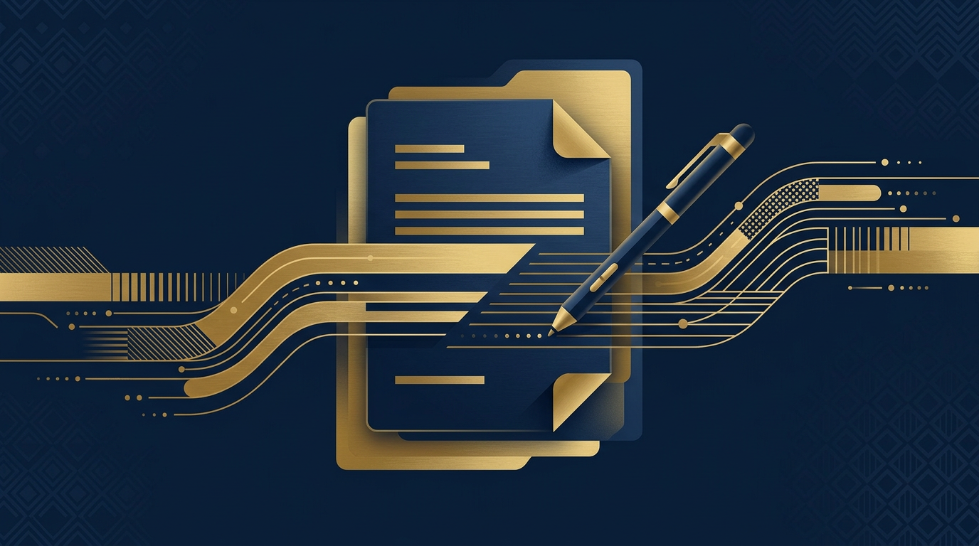 Editorial illustration in navy and gold depicting a stylized digital filing document and administrative data concepts.