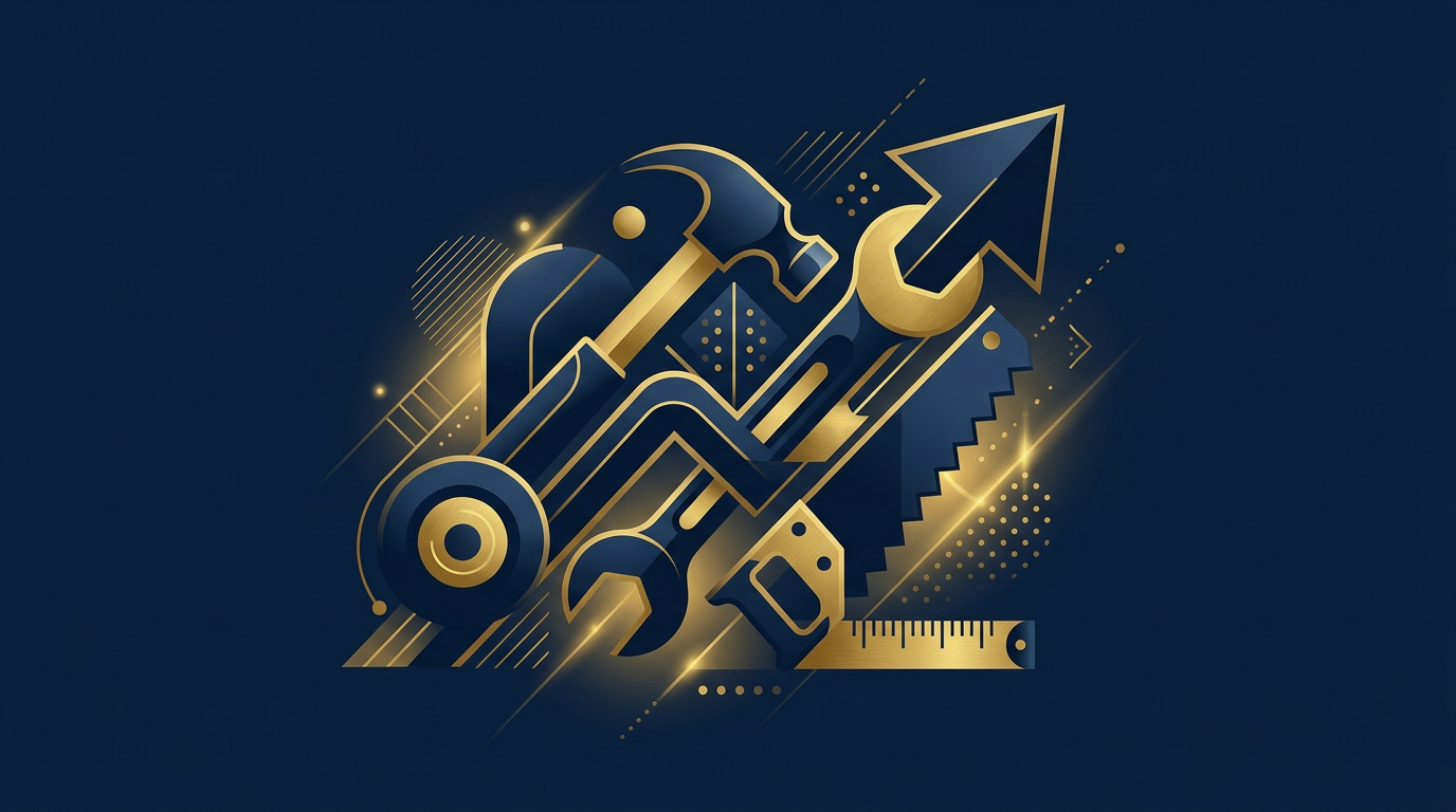 Abstract illustration of interconnected tools (wrench, hammer, saw) against a deep navy background with gold highlights, symbolizing skilled trades and economic growth in Canada.