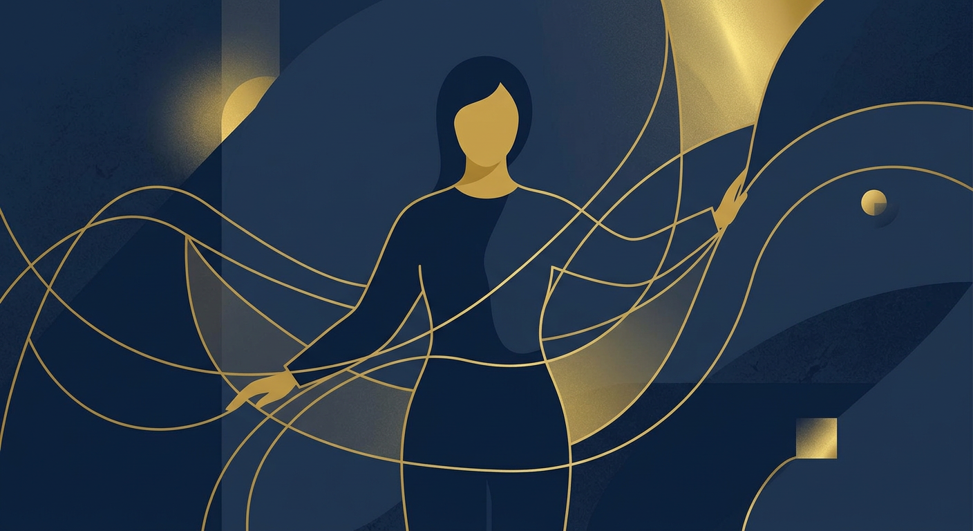 An abstract illustration in deep navy and gold, showing a calm, stylized figure surrounded by subtle, supportive lines, symbolizing stability and assistance for individuals with disabilities in British Columbia.