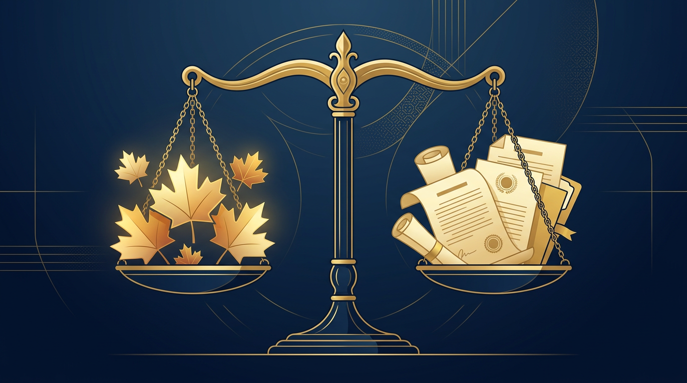 An illustration of a balanced scale, symbolizing justice and fairness, with Canadian maple leaves on one side and legal documents on the other. The image is rendered in deep navy and gold.
