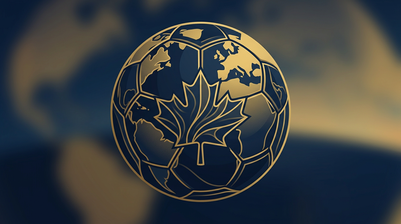 An abstract illustration of a Canadian maple leaf subtly integrated into a stylized globe, rendered in deep navy and gold, symbolizing Canada's global connection and diverse identity.