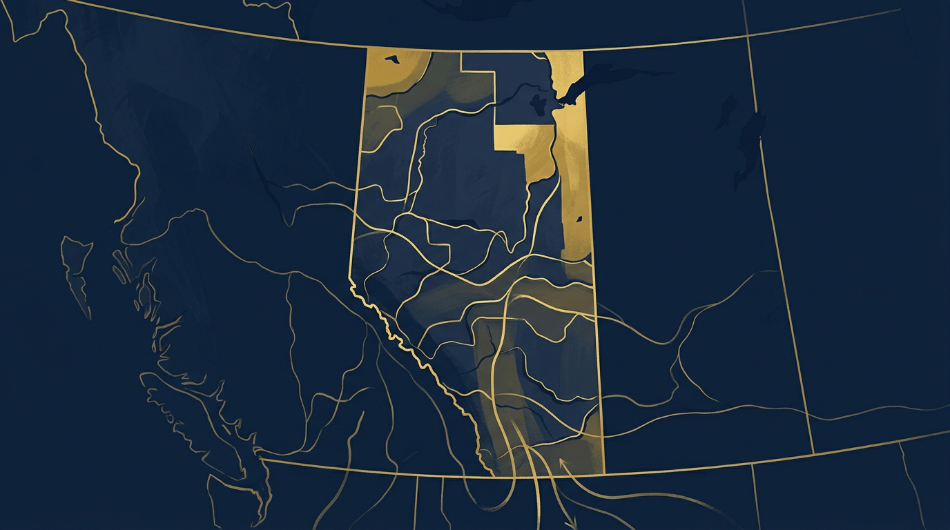 An abstract, professional illustration of Alberta's map in deep navy and gold, symbolizing policy and immigration discussions.