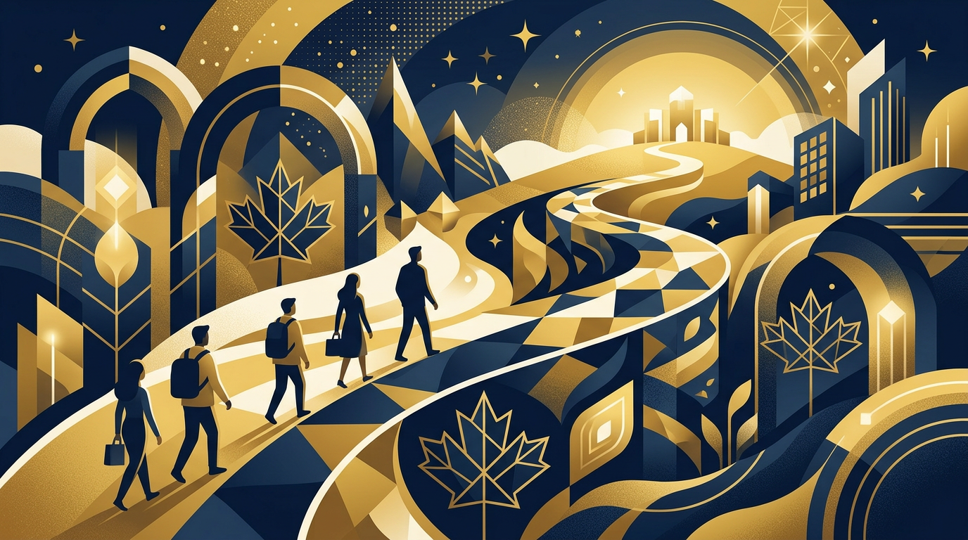 An abstract editorial illustration in deep navy and gold, depicting a structured and hopeful path, symbolizing immigration to Canada.
