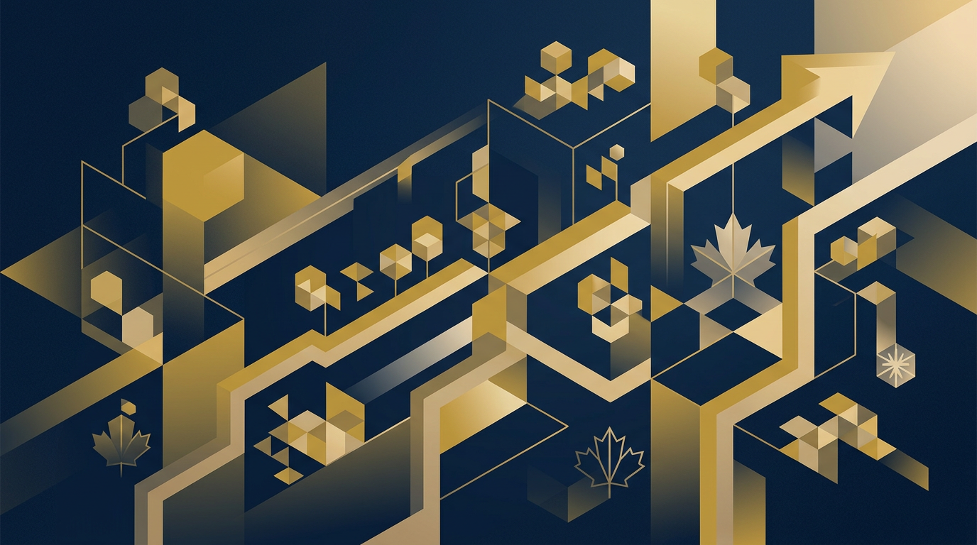 An abstract illustration with deep navy and gold geometric shapes, representing immigration pathways and opportunities against a softly gradient background.
