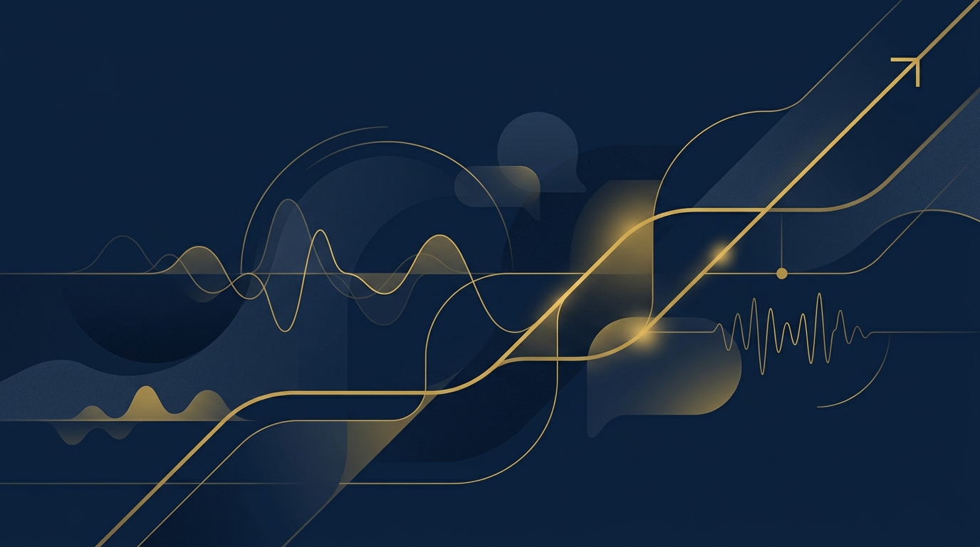 An abstract illustration in deep navy and gold, showing interwoven lines and shapes, symbolizing opportunity and connection, with a subtle nod to language proficiency through soft, flowing graphic elements.