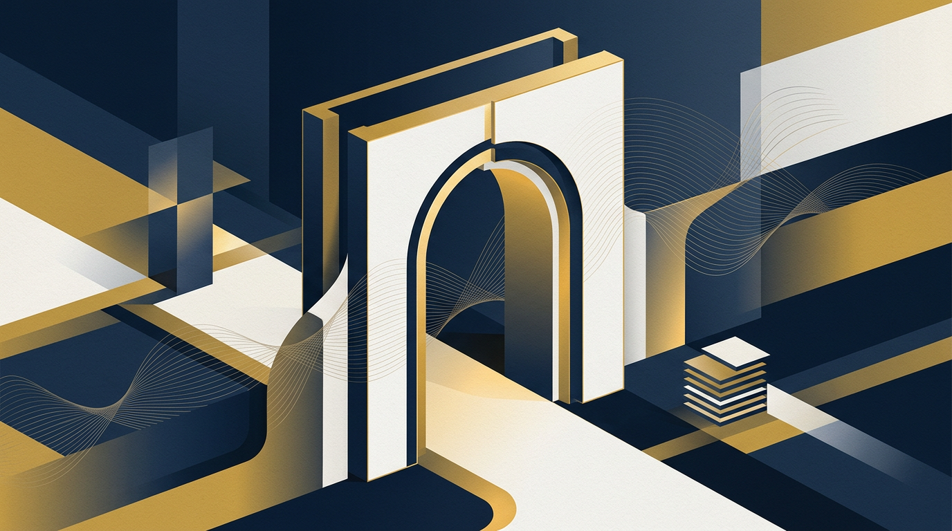 Abstract editorial illustration of an illuminated modern architectural gateway in navy blue and warm gold.