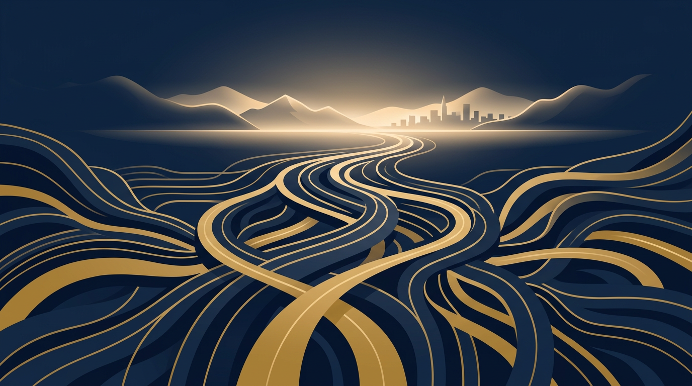 An abstract illustration depicting multiple immigration pathways converging towards a symbolic Canadian horizon, rendered in deep navy and gold.