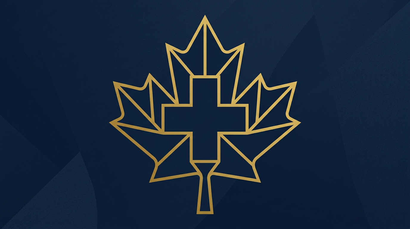 An abstract illustration combining a medical cross and a Canadian maple leaf in deep navy and gold, symbolizing healthcare and Canadian immigration.